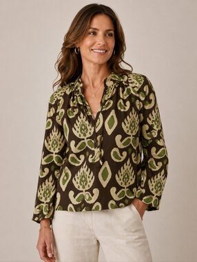 Calypso St. Barth Bohemian Cotton Print Blouse Top Green Brown Small